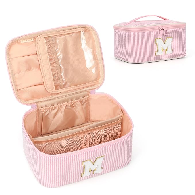 OCHEAL Makeup Bag for Women, Monogram Cosmetic Bag with Brush Holder, Pink Travel Makeup Case Beauty Toiletry Bag Organizer Personalized Gifts for Girls Bridesmaid, Sister, Wife, Friends Initial M