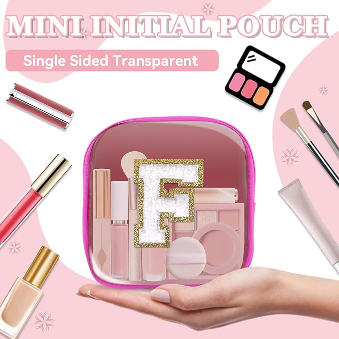 Mini Clear Personalized Initial Makeup Bag,Nylon Preppy A-Z Chenille Letter Patch Zipper Cosmetic Bag, Small Cute Beach Pouch Travel Purse Sanitary Napkin Storage Bag for Women Girls(Hot Pink-White F)