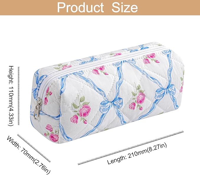 Cute Floral Cotton Makeup Brush Cosmetic Bag for Women, Travel Quilted Zipper Make Up Bag, Flowers Toiletry Organizer Case Kawaii Makeup Cosmetic Travel Cloth Pouch (Blue Bowknot)