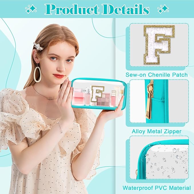Personalized Initial Letter Clear Makeup Bag,Preppy Small Nylon&PVC Cosmetic Zipper Bag with Chenille Letter,Portable Beach Travel Skincare Toiletry Bag,Trendy Monogram Gift for Teen Girls Women,F
