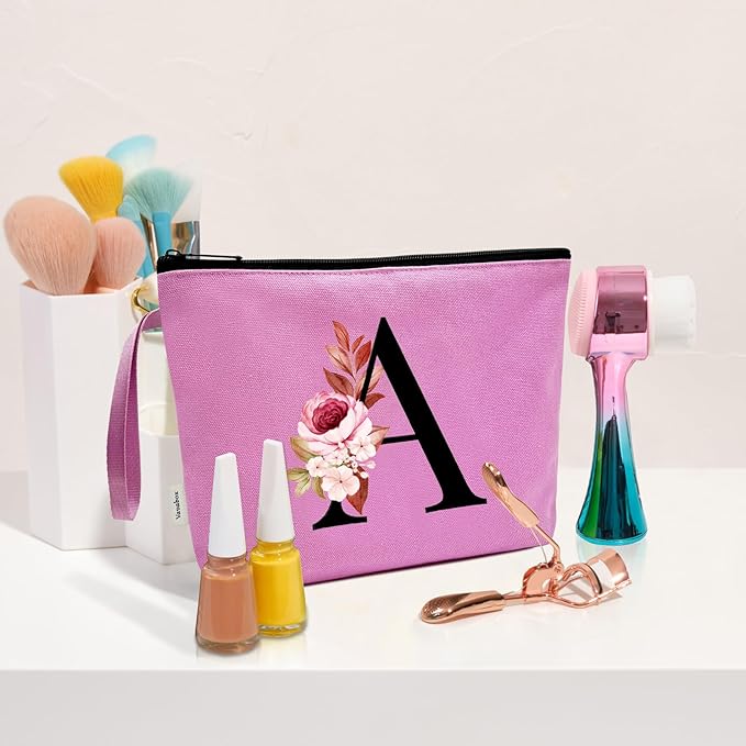 Vavabox A-Z Personalized Makeup Bag, Birthday Gifts for Women Mom, Gifts for Best Friend, Bride Bridesmaid Cosmetic bag (C, Purple)