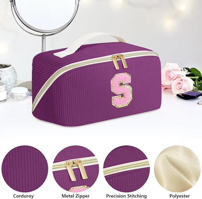 Personalized Initial Makeup Bag,Christmas Gifts for Girl,Preppy Bag Cosmetic Travel Bag Women,Travel Toiletry Organizer,Large Capacity Corduroy Stuff Bag,Cute Cosmetic Pouch Skincare Bag-G