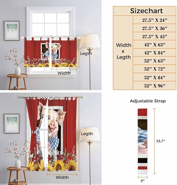Pig Sunflowers Kitchen Curtains 36 Inch Length, Small Window Curtains Tab Top - Image 8