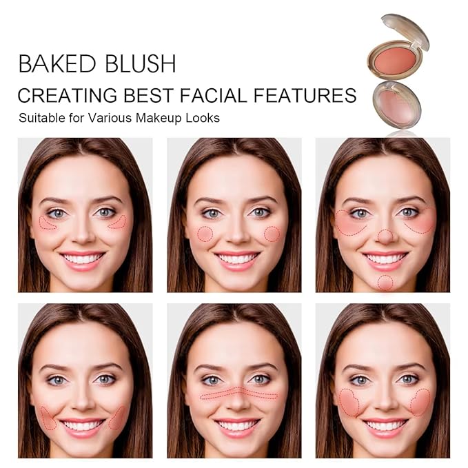 Baked Blush, Marbleized Blush for Cheeks, Shimmery Satin Finish Blushes Powder Palette, Buildable Color Natural Face Makeup Powder