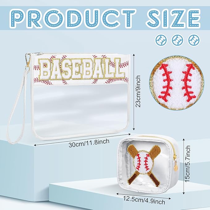Hillban 2 Pcs Baseball Snack Bags Team Gifts Makeup Cosmetic Bag Clear Chenille Letter Zipper Pouch Toiletry Purse Baseball Accessories Stuff Sport Portable Travel Storage Case for Mom Women Girl
