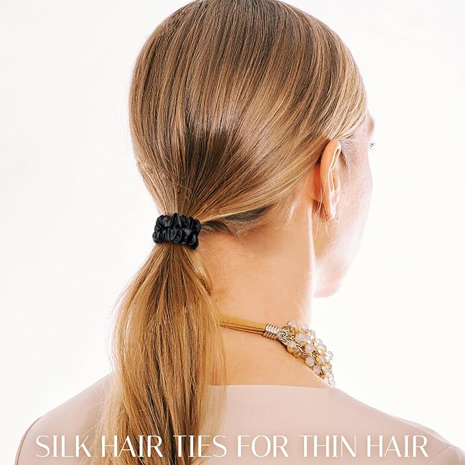 OLESILK Silk Hair Ties for Women: 100% Mulberry Skinny Silk Scrunchies, Soft Smooth No Damage No Crease for Thin Fine Curly Hair 5 Pack, Coffee