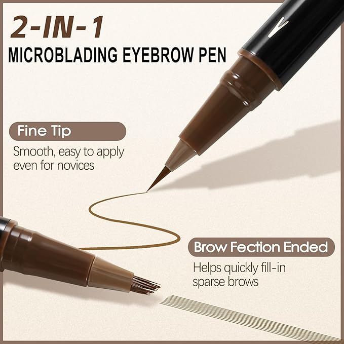 Boobeen 3pcs Waterproof Eyebrow Pen，Dual-Ended Eyeliner Microblading Eyebrow Pencil for Women，Long Lasting Hair-Like Brow Pen with Brow Brush，Dark Brown