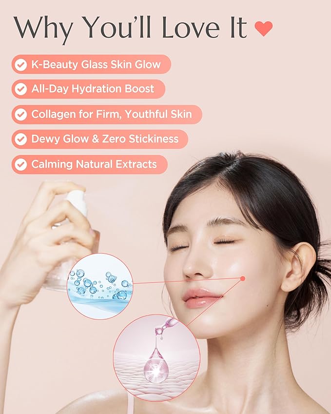 Apricot Collagen Gel Serum Mist Korean Face Moisturizer Spray - 8 Layer Hyaluronic Acid and Bakuchiol - Heart Shape Clear Keychain Refillable Travel Portable Bottle, 3.38oz