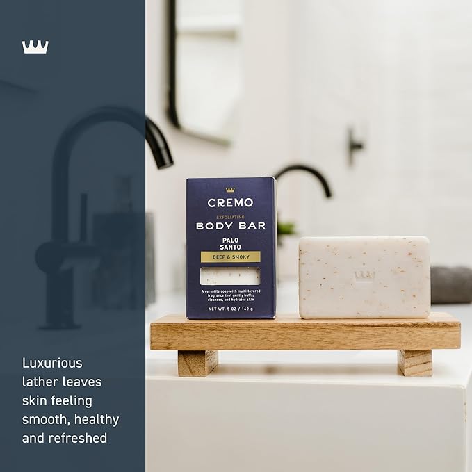 Cremo Exfoliating Body Bar for Men, Palo Santo Scent, Multi-Layered Fragrance That Buffs, Cleanses and Hydrates Skin, 5oz