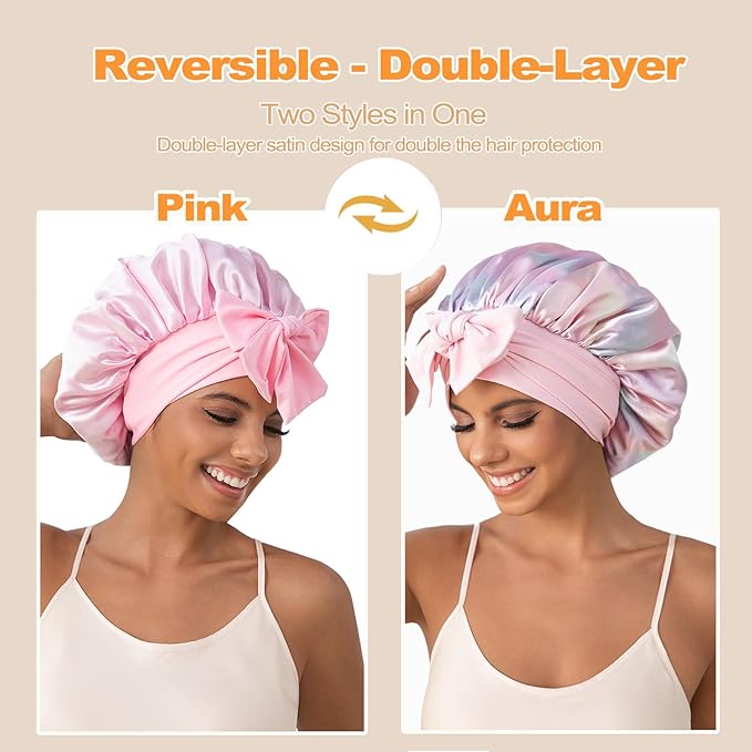 GDTOGRT Satin Silk Bonnet for Sleeping Women - Double Layer Sleep Hair Bonnets Caps for Curly Braid Hair with Tie Band