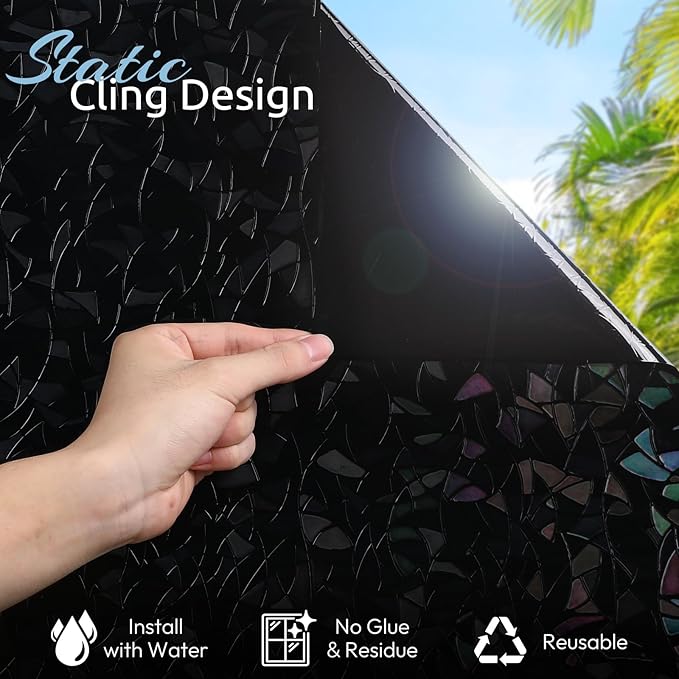 rabbitgoo Window Privacy Film Rainbow Film Decorative Window Sticker, 3D Static Stained Glass Cling Tint for Room Darkening Day Sleep, Black, 11.8 x 78.7 inches