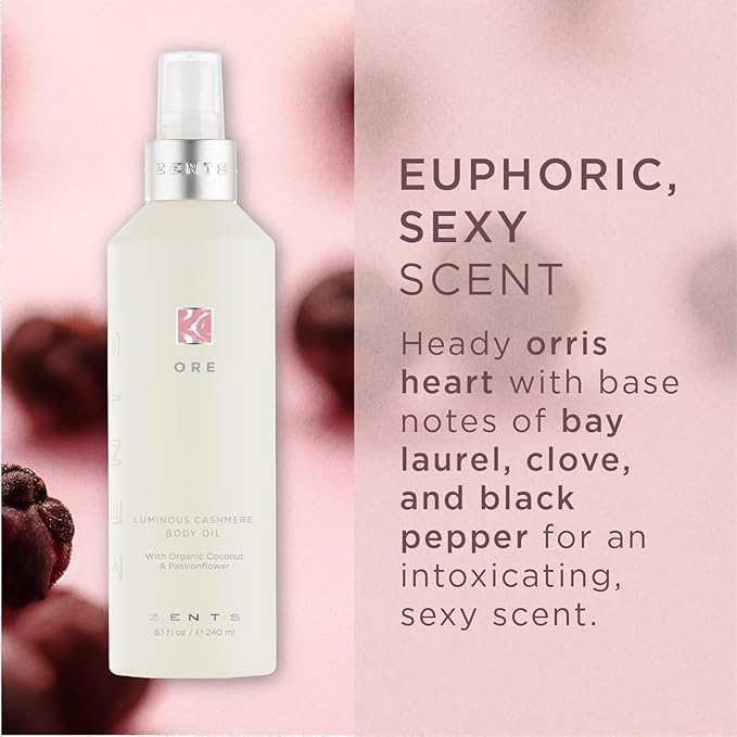 Zents Luminous Cashmere Body Oil (Ore Fragrance) | Moisturizing Body Oil with Vitamin E & Organic Coconut Oil | Softens & Smooths Skin | 8 fl oz