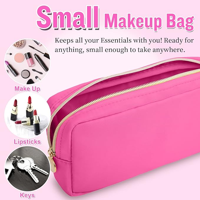 Nylon Small Makeup Bag for Purse, Cute Preppy Makeup Bag Cosmetic Zipper Pouch Purse, Waterproof Portable Travel Toiletry Bag Clutch Makeup Brush Bag Organizer Storage for Women Men Girls(Hot Pink)