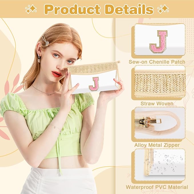 Small Boho Straw Initial Letter Makeup Bag Personalized Gift ,Cute Clear Chenille Patch Makeup Bag With Zipper,Trendy TSA Approved Travel Toiletry Bag,Gift for Women Girls Birthday Friend, Letter J