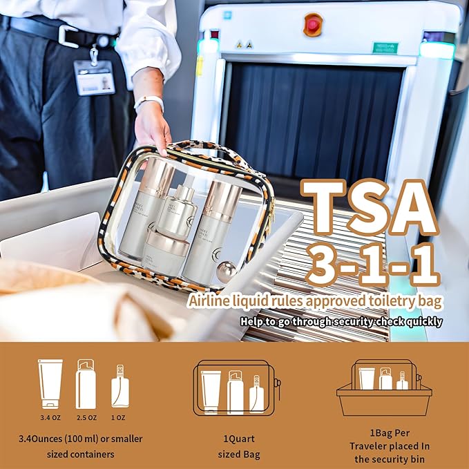 TSA Approved Travel Toiletry Bag,2 Pack Clear Makeup Bags with Handles,Quart Size Clear Cosmetic Bags for Traveling Women,Men,Carry on Airport Airline Compliant Bag,Leopard