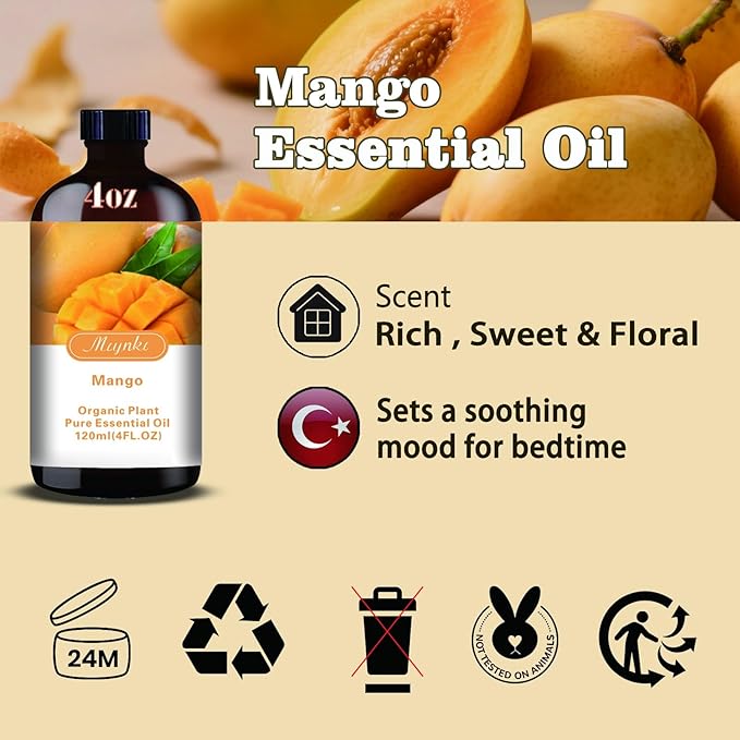 Mango Fragrance Oil-Mango Essential Oil 4.33oz (130ml)-100% Pure Natural Scent for Diffusers, Candles, Soap Making & Aromatherapy-Relaxing Home & Gift Essential Oil for Bath, Massage