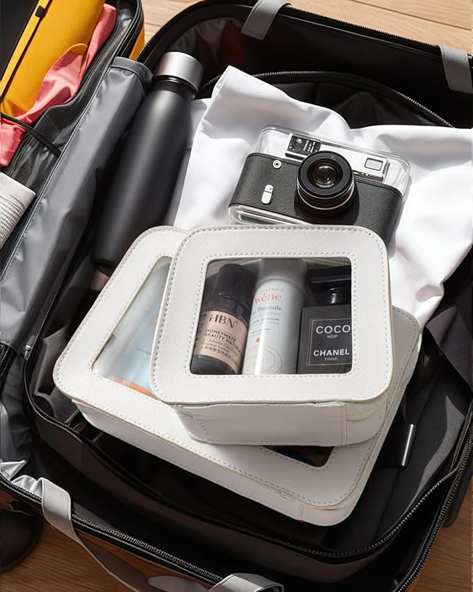 LETGO Clear Makeup Bag Set for Women Portable Travel Toiletry Bag Cosmetic Bags TSA Approved Travel Cosmetic Bag for Car Accessories for Women(White, Standard + Mini)