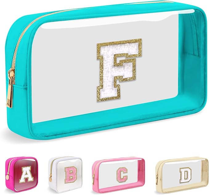 Small Clear Personalized Initial Makeup Bag,Nylon Preppy A-Z Chenille Letter Patch Cosmetic Pouch Beach Toiletry Bag,Waterproof Zipper Travel Purse Storage Bag Organizer for Women Girls(Cyan-White F)