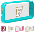 Small Clear Personalized Initial Makeup Bag,Nylon Preppy A-Z Chenille Letter Patch Cosmetic Pouch Beach Toiletry Bag,Waterproof Zipper Travel Purse Storage Bag Organizer for Women Girls(Cyan-White F)