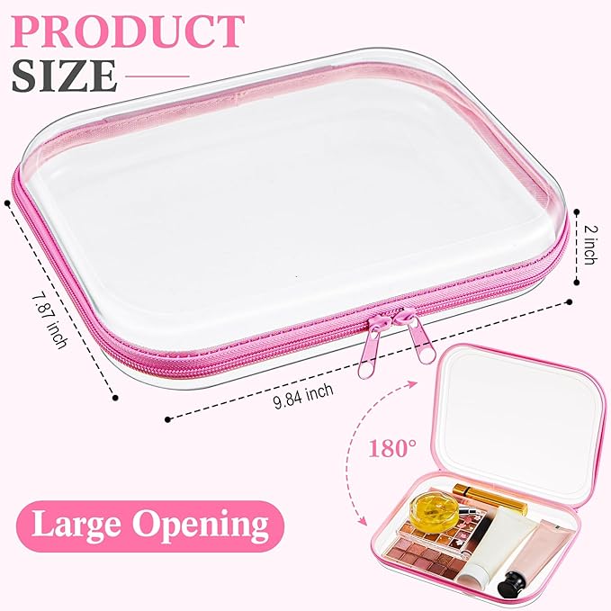 Hoolerry 3 Pcs Clear Hard Zipper Case Plastic Pouch Transparent Hard Case Clear Makeup Bag Portable Travel Organizer Bin for Cosmetics, Building Blocks, Puzzles(Pink,M)