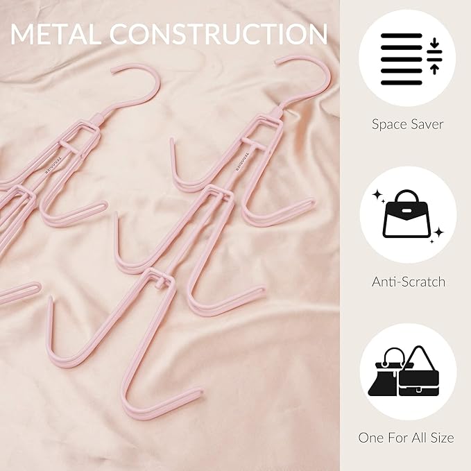 ZEDODIER Purse Hanger Organizer for Closet, Hanging Bag Holder, Keeping Purses Visible and in Good Condition, Metal Handbag Storage Hook Backpack Rack Space Saving Hanger, Pink