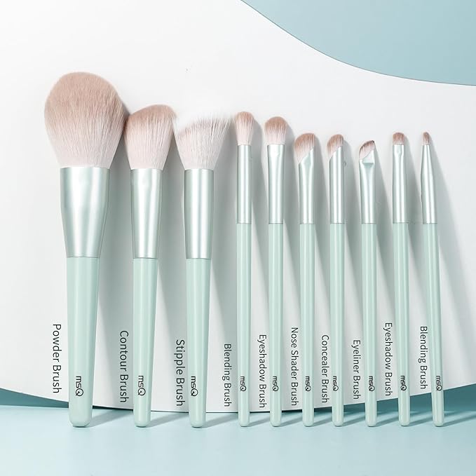 MSQ Make Up Brushes 10Pcs Powder Brushes Stipple Brush Synthetic Hair Makeup Brush Set with Bag for Powder Blending Contour Eyeshadow Eyeliner Nose Shader Concealer