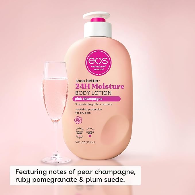 eos Shea Better Body Lotion Pink Champagne, 24-Hour Moisture Skin Care, Lightweight & Non-Greasy, Natural Shea, Vegan, 16 fl oz