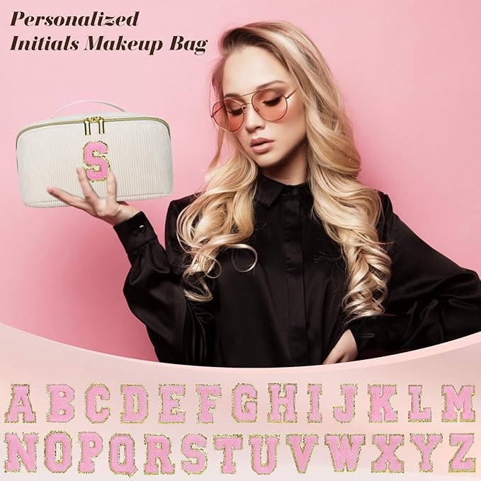 Personalized Initial Makeup Bag,Christmas Gifts for Girl,Preppy Bag Cosmetic Travel Bag Women,Travel Toiletry Organizer,Large Capacity Corduroy Stuff Bag,Cute Cosmetic Pouch Skincare Bag-F