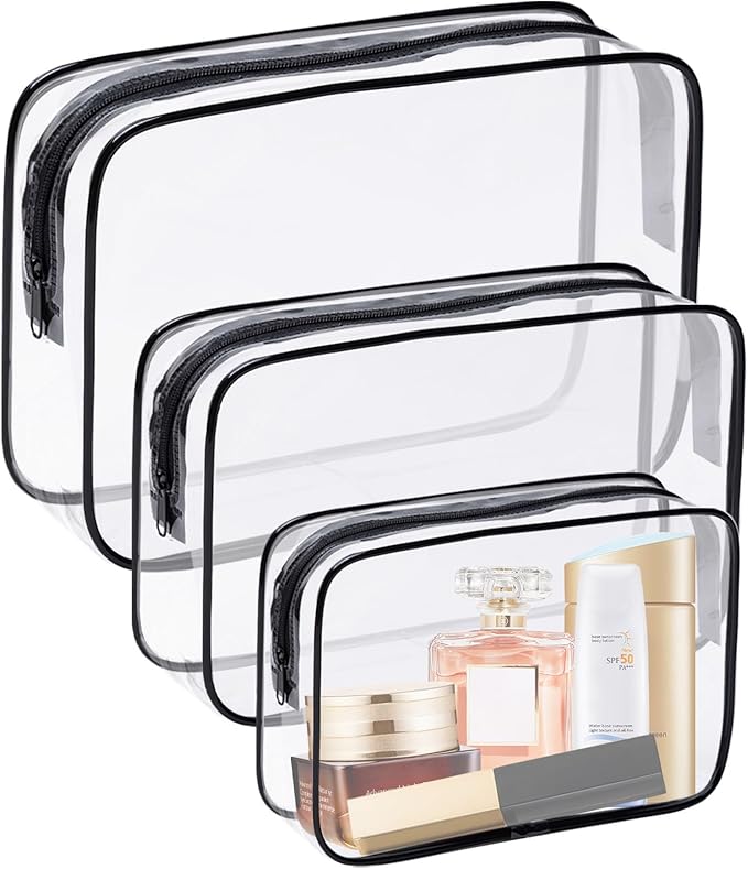 3 Pack Clear Cosmetic Bag, Waterproof Toiletry Bag with Zipper, Transparent Travel Makeup Bags, TSA Approved Clear Organizer Bags, PVC Cosmetic Pouch Case for Vacation Airport Airline Compliant