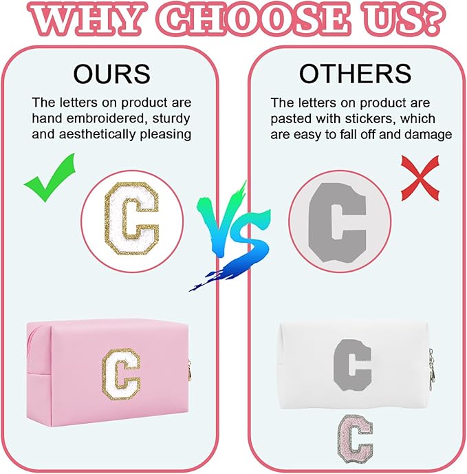 Personalized Initial Letter Patch Makeup Bag, Preppy Portable Chenille Letter Cosmetic Bag with Zipper, PU Leather Waterproof Travel Toiletry Bag Monogram Make Up Pouch for Women Girls