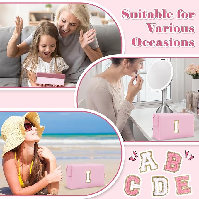 Personalized Initial A-Z Preppy Patch Makeup Bag,Small PU Chenille Letter Cosmetic Bag with Zipper for Teen Girls,Pink Cute Toiletry Organizer Bag,Monogram Makeup Case Gift for Women Girls,Letter I