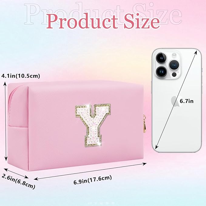 Small Personalized Glitter Initial Letter Makeup Bag, Cute PU Leather Chenille Letters Cosmetic Bag Travel Makeup Pouch, Preppy Travel Organizer Zipper Pouch for Women&Girls（Pink-Y）