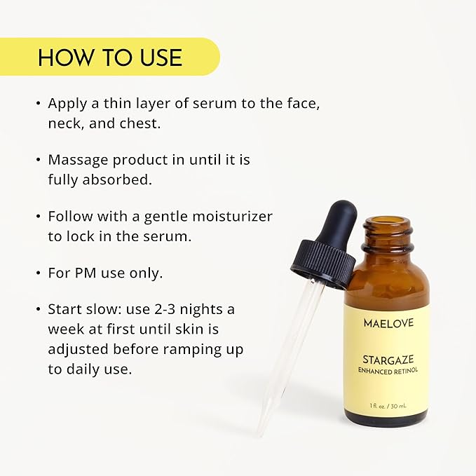 MAELOVE Stargaze Enhanced Retinol Serum, Time-Released 0.25% Retinol for Radiant Skin, Hydrating with Hyaluronic Acid, Niacinamide, Soothing Botanicals, Ideal for Sensitive Skin, USA Made