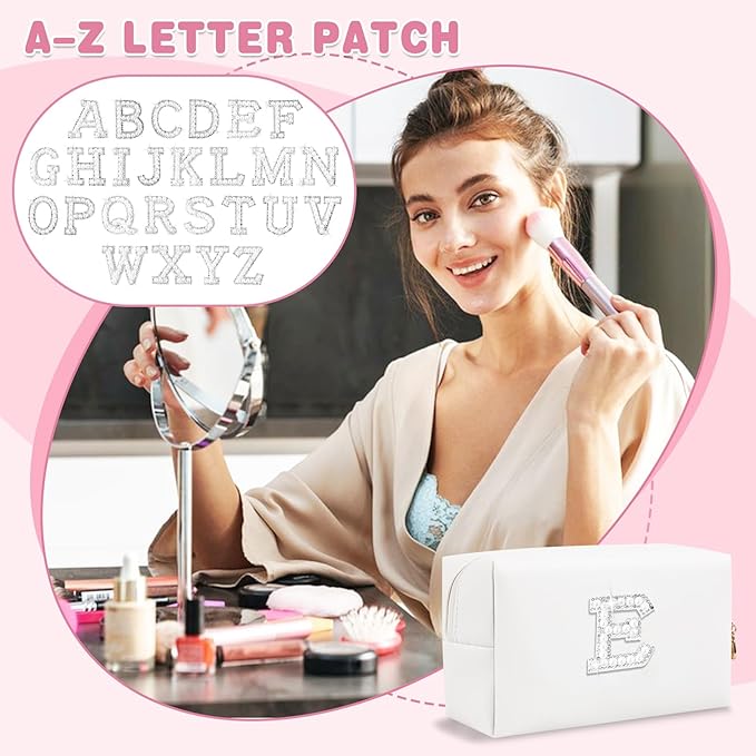 Bride Gifts – Personalized Initial Makeup Bag with Pearl Rhinestone Patch, Preppy White Monogram Cosmetic/Toiletry Pouch, bridesmaid Gifts, Bridal Shower Gifts, Wedding Gifts, Bridal Gifts,E
