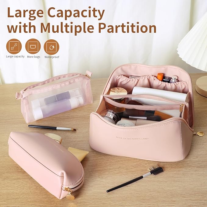 3 Pcs Travel Makeup Bag Portable Large Capacity Cosmetic Bags for Women Open Flat Makeup Case Organizer Bag Set of 3 Waterproof PU Leather Toiletry Bags with Divider and Handle (Pink, Medium)