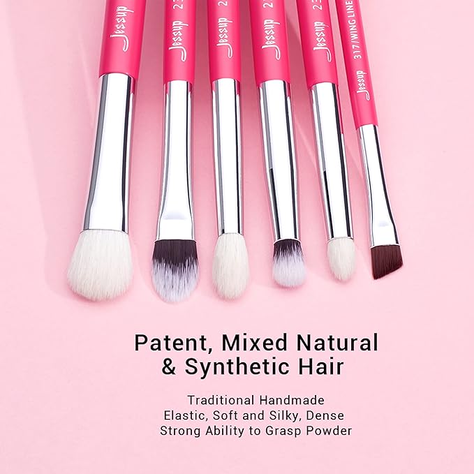 Jessup Professional Natural-Synthetic Eye Makeup Brushes Set 15pcs for Eyeshadow Blending Concealer Eyeliner Eyebrow, Rose Carmine/Silver T197