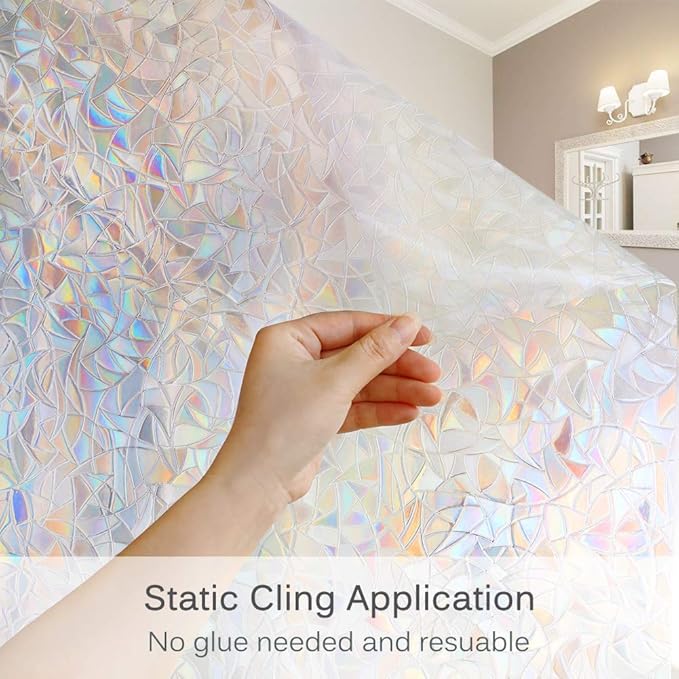 Volcanics Window Privacy Film with Installation Tools, Static Window Clings Vinyl 3D Decals Stickers Rainbow Window Film for Glass Door Home Heat Control Anti UV 23.6 x 157.4 Inches