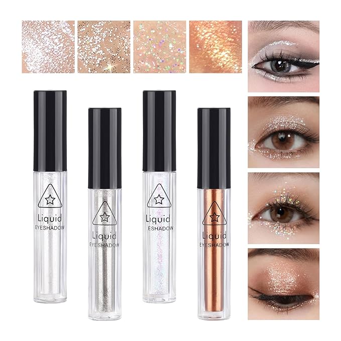 4Pcs Liquid Eyeshadow Eyeliner Kit Set for Korean Makeup, Sparkling Shimmer Metallic Eye Glitter Sequins for Under Eye Tear-Drop Make Up, Quick-Dry Loose Glitter Glue for Crystal Mermaid Looks