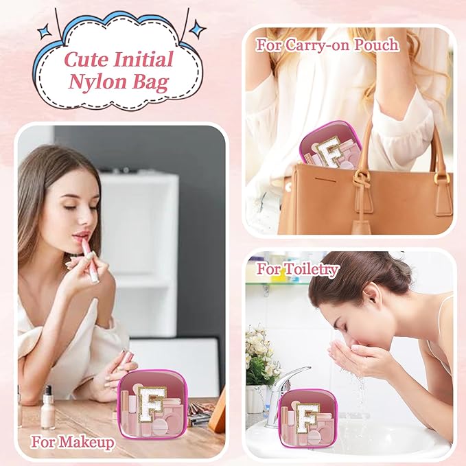 Mini Clear Personalized Initial Makeup Bag,Nylon Preppy A-Z Chenille Letter Patch Zipper Cosmetic Bag, Small Cute Beach Pouch Travel Purse Sanitary Napkin Storage Bag for Women Girls(Hot Pink-White F)
