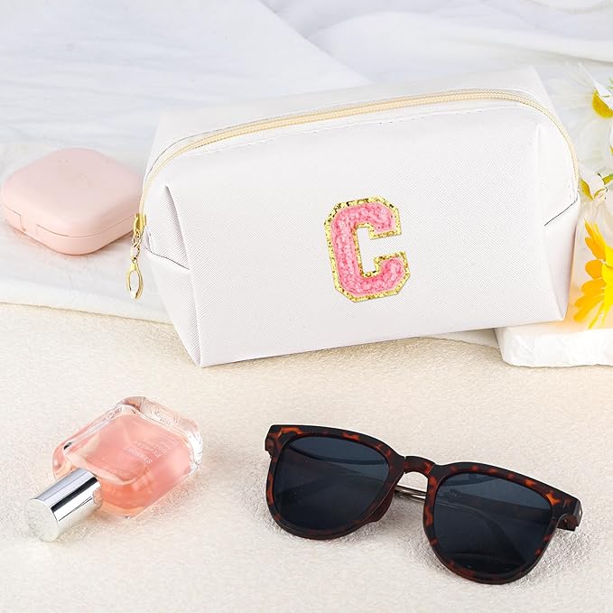 Initial Makeup Bag Personalized Preppy Travel Small Cosmetic Bag Cute PU White Chenille Letter Makeup Pouch for Purse Waterproof Zippered Toiletry Organizer for Women Girl Kid Friends(C)