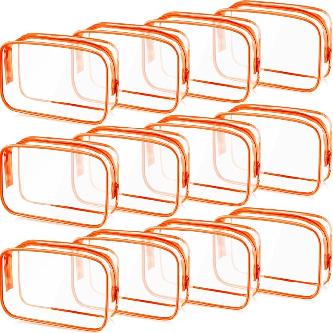 Weewooday 12 Pieces Clear Makeup Bags Cosmetic Storage Bags PVC Zipper Pouches Travel Waterproof Makeup Plastic Case for Women Organizing Toiletries Traveling Bathroom(Small,Orange)