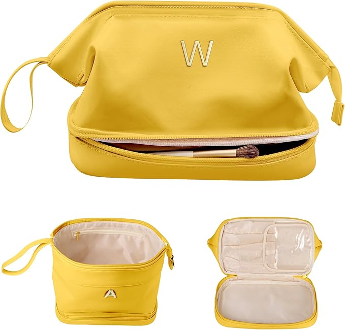 Personalized Gifts for Women, Initial Makeup Bag, Travel Gifts, Personalized Bags, Waterproof Double Layer Cosmetic Bag, Leather Makeup Bags Letter Travel Toiletry Bag, Friend Gifts