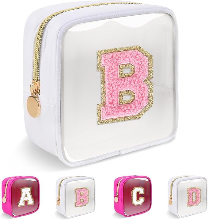 Personalized Initial Letter Clear Preppy Makeup Bag,Mini Nylon Chenille Letter Cosmetic Bag Cute Zipper Pouch Purse for Teen Girls,Portable TSA Approved Beach Travel Essentials Bag Gift for Women,B