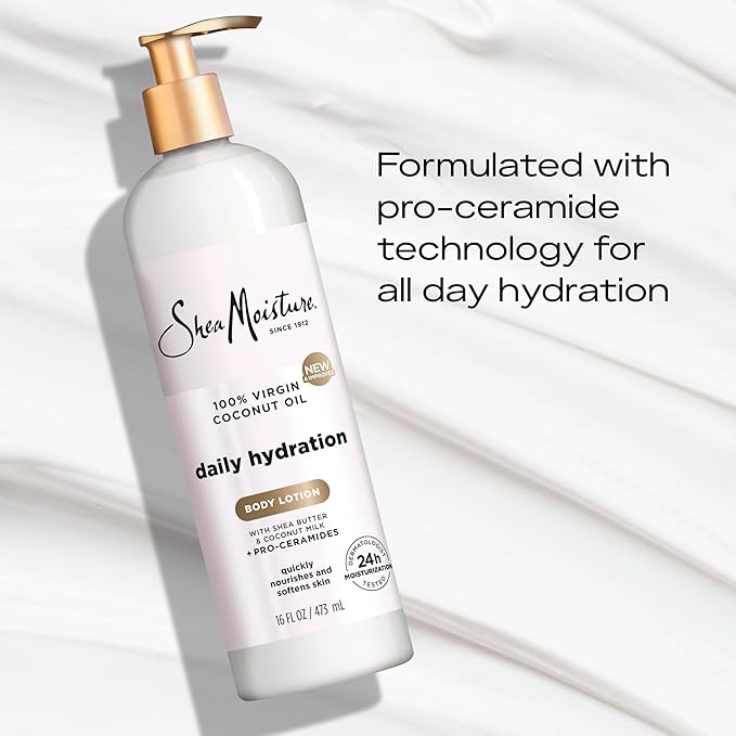 SheaMoisture Daily Hydration Body Lotion with 100% Virgin Coconut Oil, Shea Butter, Coconut Milk and Pro-Ceramides, Quickly Nourish & Soften Skin, 24H Moisturizing 16 oz