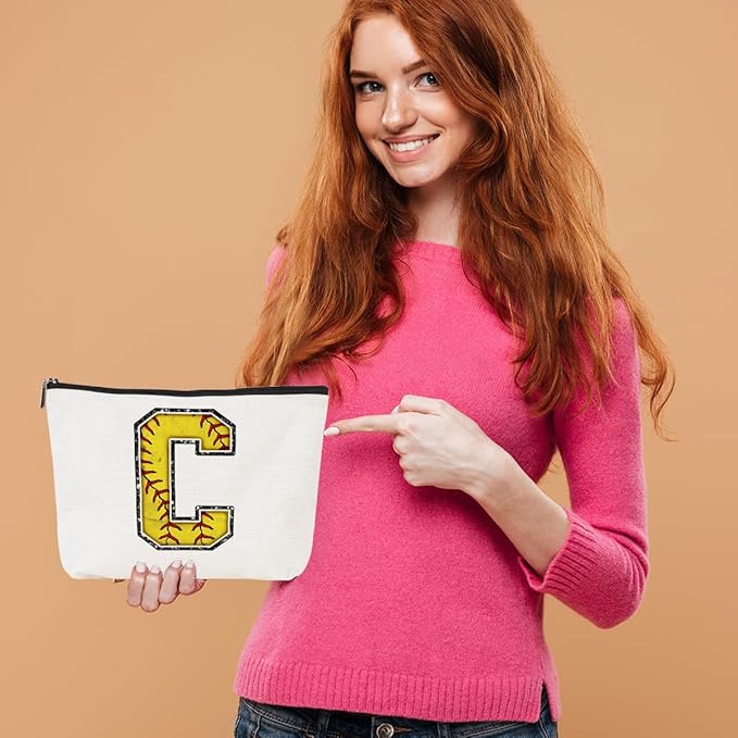 Initial Makeup Bag Monogrammed Cosmetic Bag Yellow Letter C Zipper Pouch Softball Accessories for Girls Women Player Coach Bestie Stuff Graduation Birthday Gifts