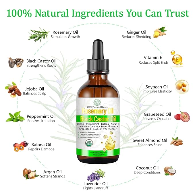 Organic Rosemary Oil for Hair Growth, Rosemary Oils with Castor – USDA Certified Cold Pressed Blend Hair Oil for Thicker, Fuller Hair, Soothe Itchy Scalp & Repair Damaged Hair – 4 fl oz