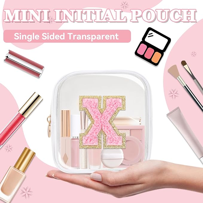 Mini Clear Personalized Initial Makeup Bag, Small Preppy A-Z Chenille Letter Patch Cosmetic Pouch, Transparent PVC & Nylon Waterproof Zip Beach Toiletry Bag,Gift for Women Girls(White-Pink X)