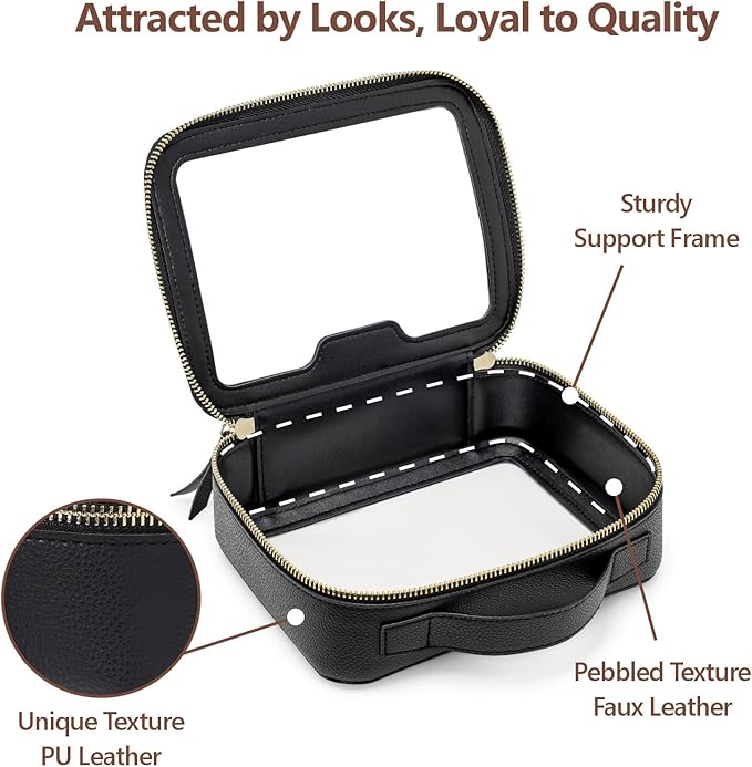 PACKISM TSA Approved Toiletry Bag - Pebbled Texture & Hard PU Leather Clear Quart Size Travel bag TSA Approved, Clear Travel Bag for Toiletries, Toiletry Bag for Women Gift (Black Medium)