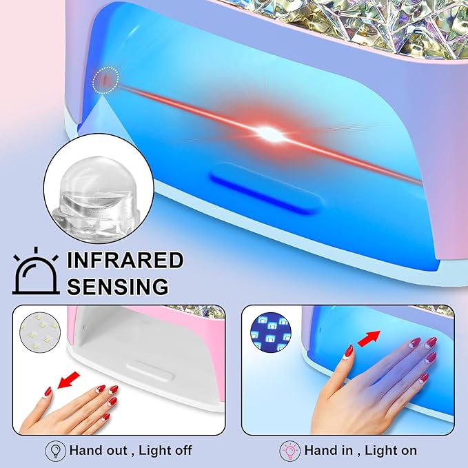 LIMEGIRL UV LED Nail Lamp Kit for Gel Polish Professional Fast Pink Diamond Design Curing Dryer Light Set with 4 Timers and Gloves Cordless Rechargeable Nail Art Cure Machine at Home and Salon