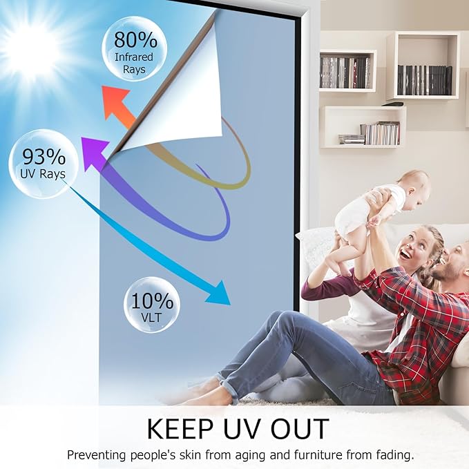 HIDBEA One Way Mirror Window Film ,Daytime Privacy Sun Blocking Reflective Window Film Static Cling Heat Control Window Tinting Film for Home and Office, Blue Silver, 35.4 x 393.7 Inch